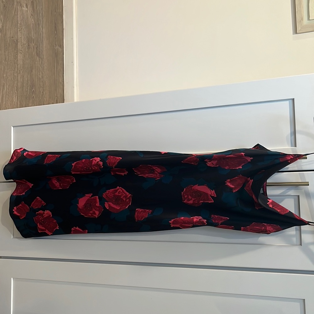 Navy, teal, and pink/red floral silk dress.